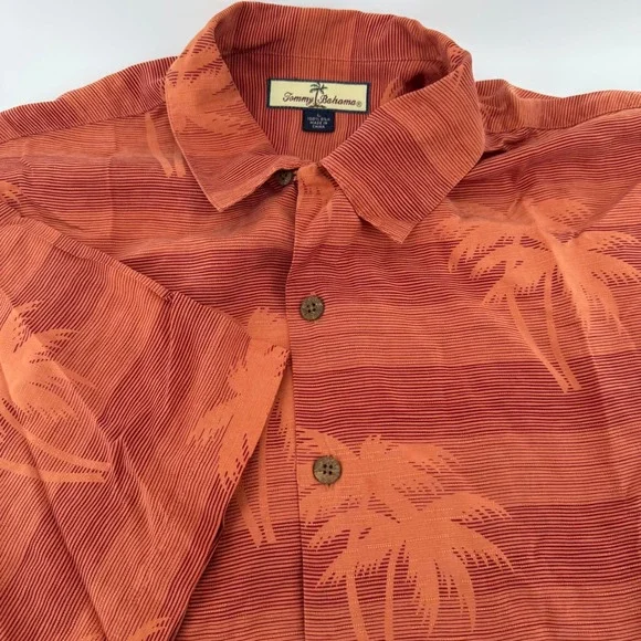 Tommy Bahama Mens Large Silk Palm Tree Jacquard Camp Shirt Burnt Orange S/S