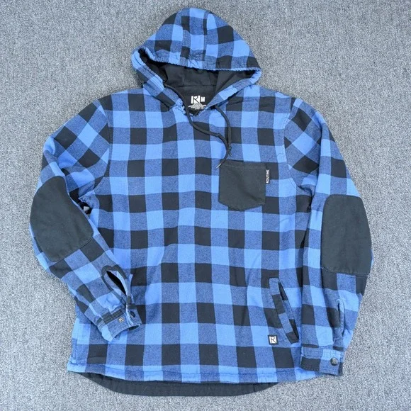 Routine Baseball Grunge Buffalo Plaid Hooded Flannel Shirt Mens Medium Blue
