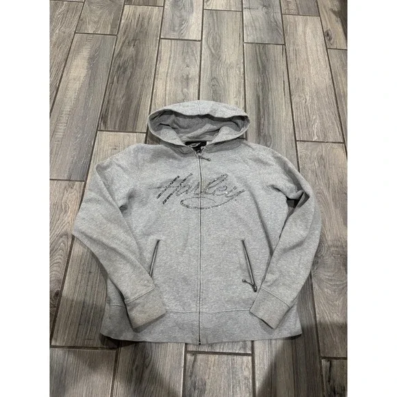 Harley-Davidson Men's Gray Full Zip Hoodie Sweatshirt Rhinestone Logo Size L