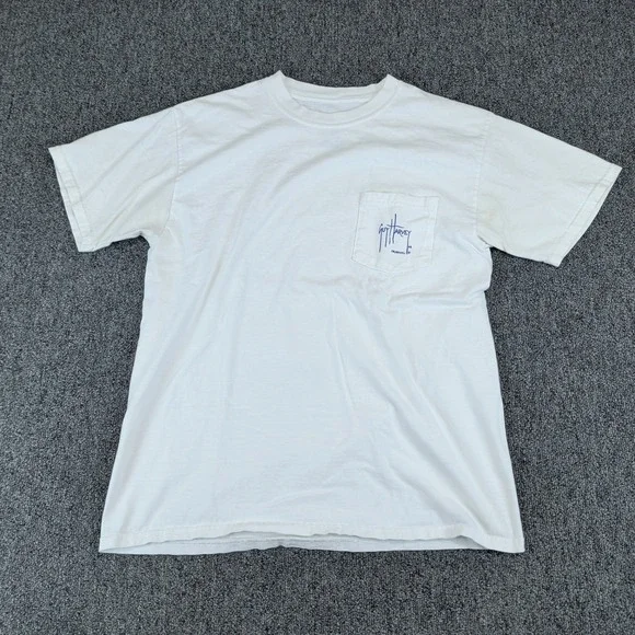 Guy Harvey Coastal Marlin Fishing Pocket T-Shirt Mens Medium White 100% Cotton