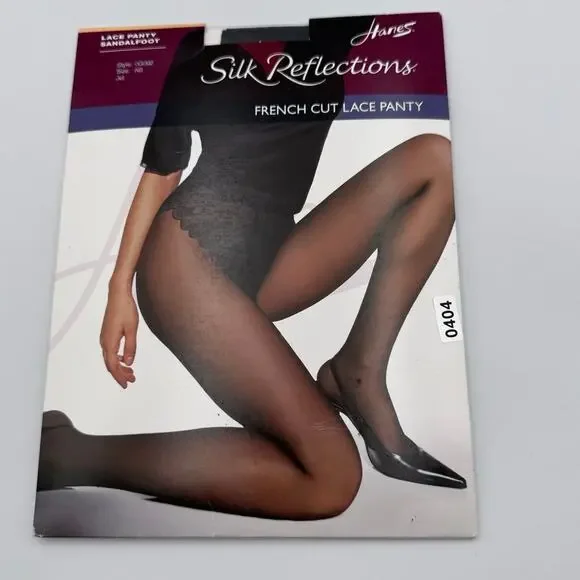 Vtg Hanes Silk Reflections Pantyhose French Cut Lace Panty Sandalfoot Jet AB 003
