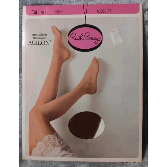 Vtg Ruth Barry Stockings Pecan Tall 10-11‎ Seamless Agilon Stretch Hosiery READ