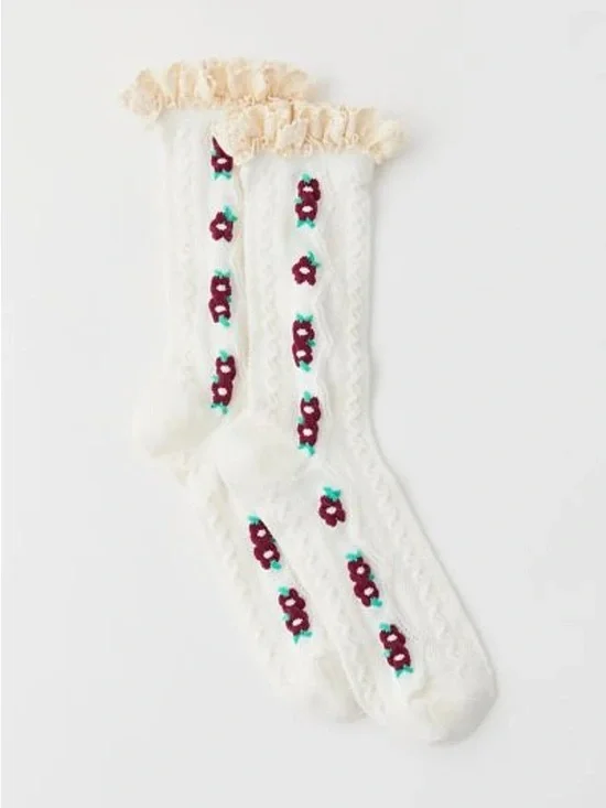 Urban Outfitters Coquette White Lace-Trim Floral Knit Crew Socks NWT