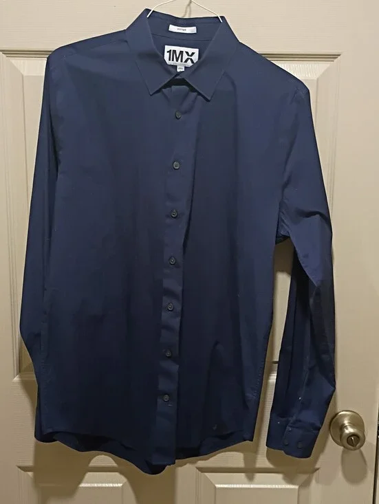 Express 1MX fitted navy blue dress shirt LARGE cotton Euc