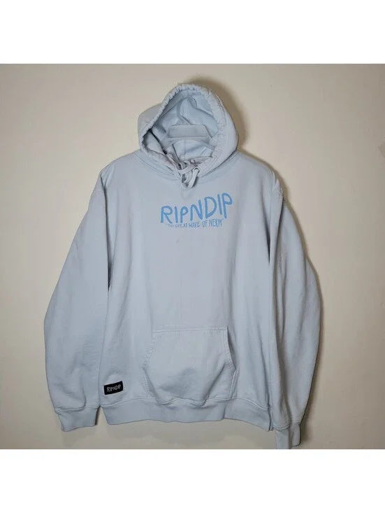 RIPNDIP Lord Nermal Thy Great Wave Hoodie Men's Large Blue Cat Surf