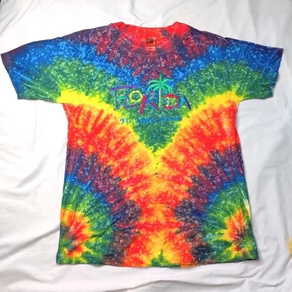 Bright Rainbow Tie Dye Tee Shirt T-shirt Florida Embroidery Sz Large