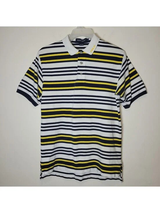 Polo Golf Ralph Lauren Men's M White Navy Blue Yellow Striped Short Sleeve Polo