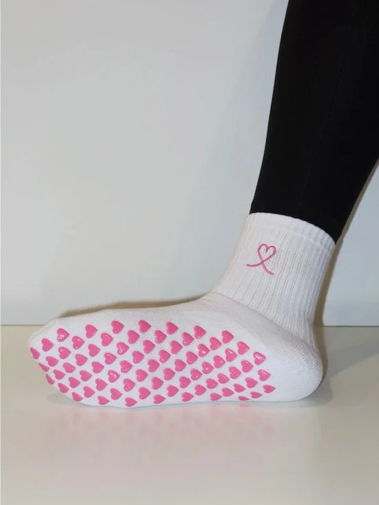 White Grip Socks with Pink Heart Pattern