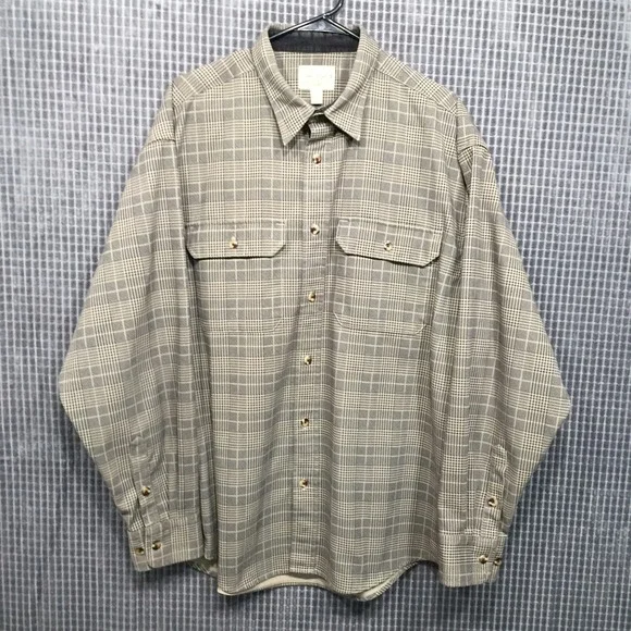 Cabelas Mens XL Plaid Button Down Shirt Tan Black Glen Check Long Sleeve SH684