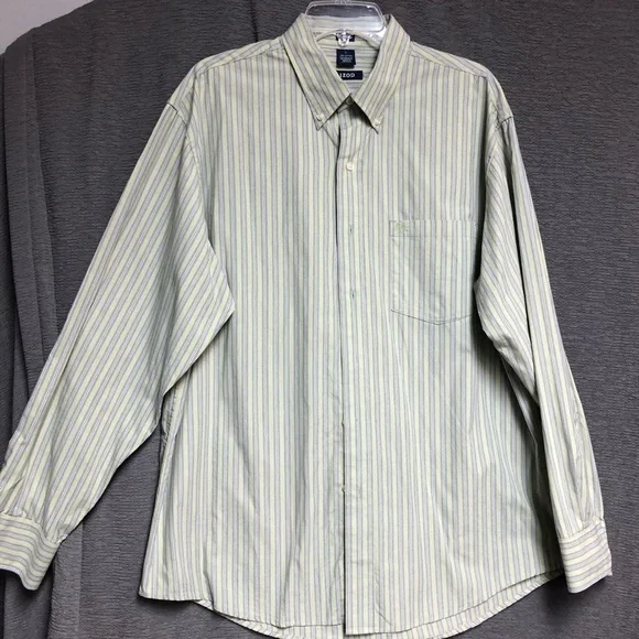 Izod. large green shirt with beige white and blue stripes has pocket