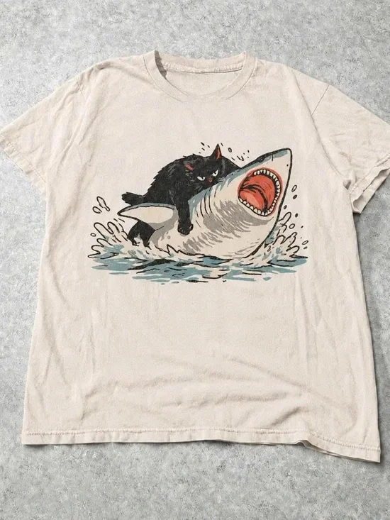 Graphic Tee with Black Cat Riding Shark - Cream