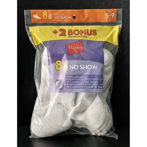 Hanes Women Cool Comfort Breathable Low Cut Socks 6 Pack + 2 Free Pairs Size 5-9