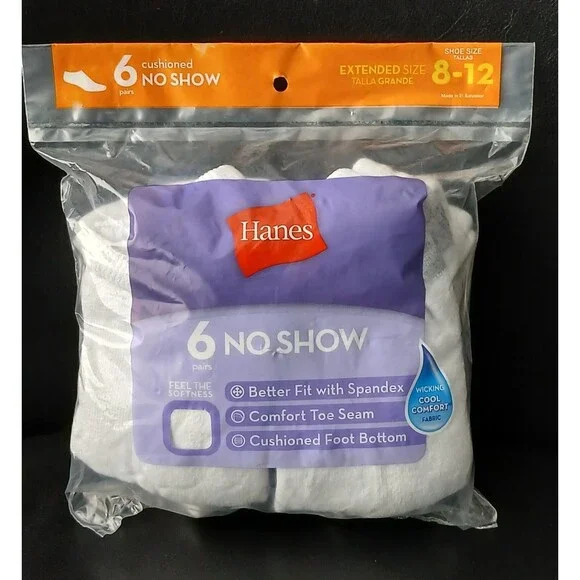 Hanes Women Cool Comfort Breathable No Show Socks 6 Pack. Foot Bottom. Size 8-12