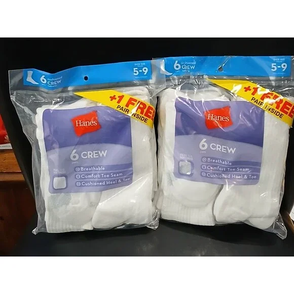 Hanes Women's Crew Cushioned Heel & Toe Socks. 2 Packs Of 6 Pairs + 1 Free Pair
