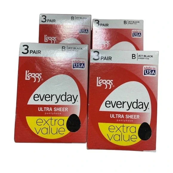 3 Leggs Everyday Ultra Sheer Pantyhose 3 Pair Pack Jet Black Size B Made In USA