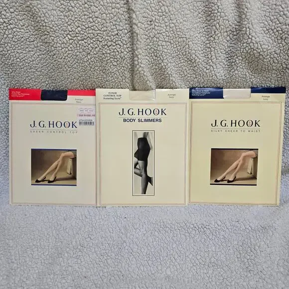 Vintage J.G. Hook Pantyhose Lot 3 Average Ivory Navy Control Top Deadstock