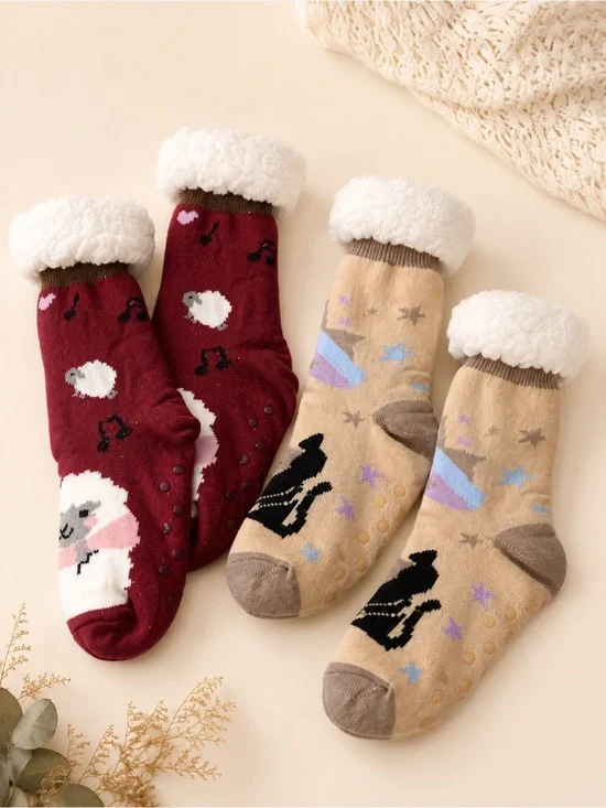 Sherpa Lined Slipper Socks 2 pc. Set Camel Sheep & Wine Cat Pattern Anti-Skid