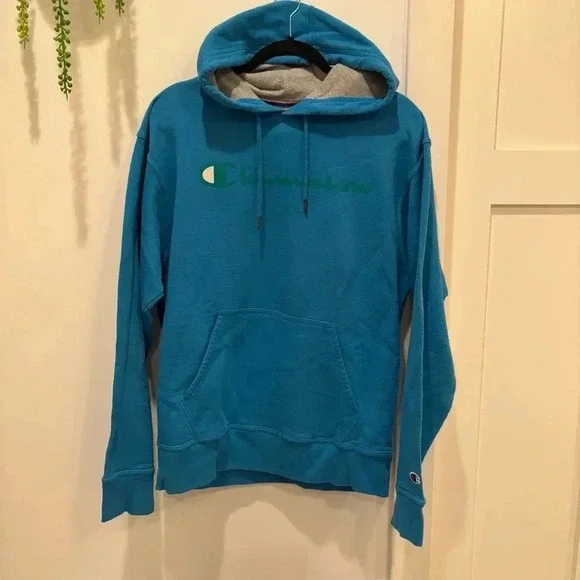 Champion Blue Hoodie with Green Logo Grey Lined Hood Size Medium