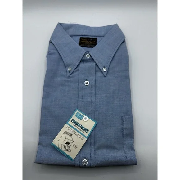 VTG 1970s Sears Perma-Prest Light Blue‎ Oxford Dress Shirt XL 17-17.5 USA