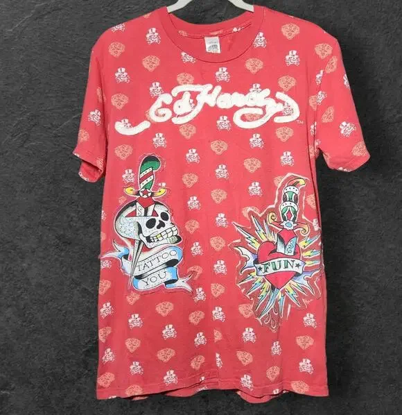 Ed Hardy Red Skull Heart Dagge Red T-Shirt Embroidered Christian Audigier Sz L