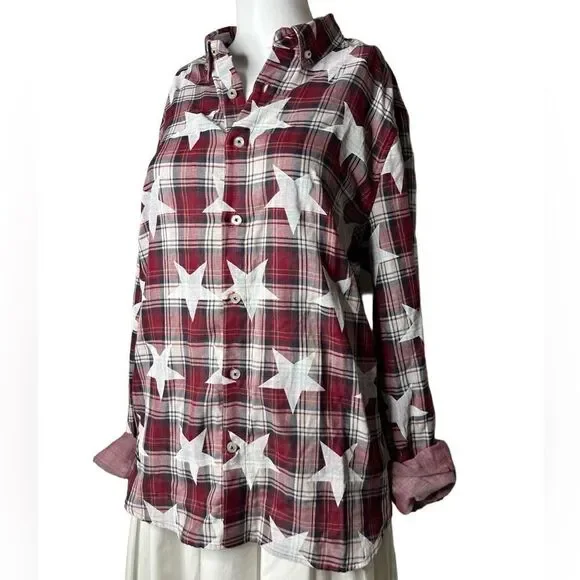 Mostly Heard Rarely Seen Star Plaid Button Down Shirt Red & White Size Large