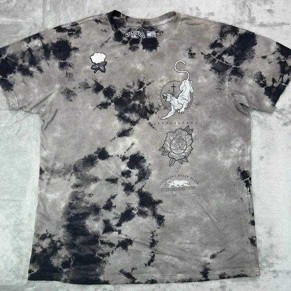 AFFLICTION Graphic T-Shirt Men's XL‎ Gray Tie Dye Panther Rose Y2K Biker MMA USA