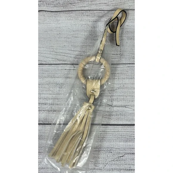 Women's Faux‎ Leather Tassel Bag Charm Keychain Boho Beige Gold Tone New