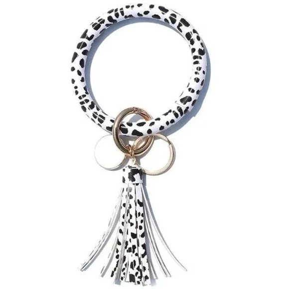 Black‎ & White Leopard Vegan Leather Tassel Bangle Keychain~~NWOT