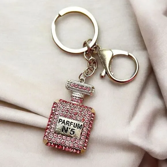 Pink Crystal Parfum No. 5 Perfume Bottle Silver Keychain