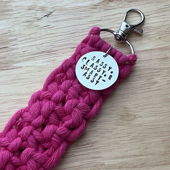 Handmade Pink Boho Macrame Keychain With Charm‎ And Lobster Clasp
