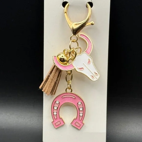 Pink‎ Enamel Western Keychain Longhorn Skull Horseshoe Tassel Gold Bag Charm