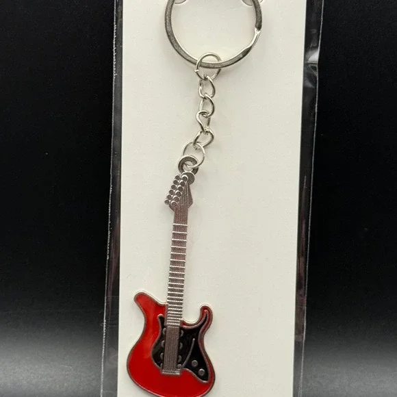 Red Electric‎ Guitar Keychain Silver Tone Metal Miniature Musical Instrument New