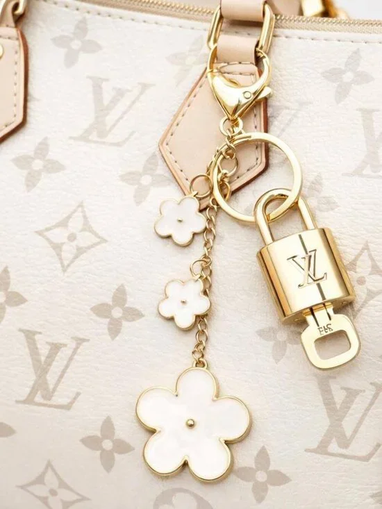 LV Authentic Gold Lock & Key 🔑 Luxury Bag Charm w/ Unbranded Flower Keychain