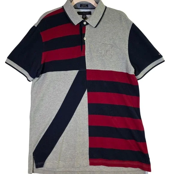 TOMMY HILFIGER Men's L‎ Gray Colorblock Rugby Polo 2010s Preppy Ivy Style