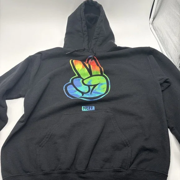 Neff Peace Sign Fingers Black Hoodie Size Medium Pullover Multicolor Graphic Pri