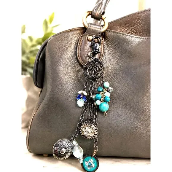 Handmade Vintage Jewelry Purse Charm Keychain Blue Teal OOAK