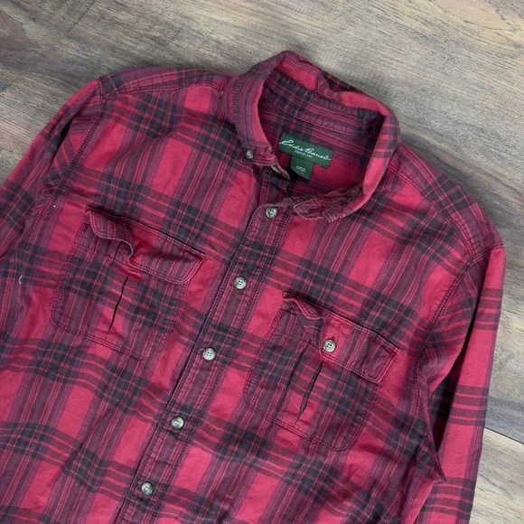 Eddie Bauer Mens Plaid Button‎ Down Shirt Red Black Relaxed Fit Medium Heritage