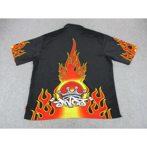 JNCO Shirt Mens Extra Large Black Red Flame Crown Graphic Button Up Skater Y2K