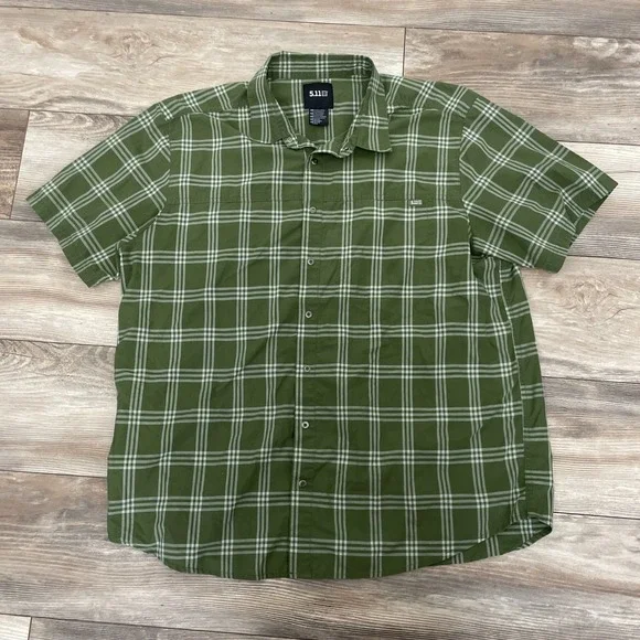 5.11 Tactical Shirt‎ Men's XL Green Plaid Short Sleeve Snap Front Utility