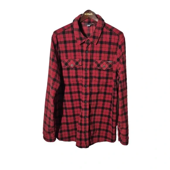 Eddie Bauer Shirt Mens Tall‎ XL Red Black Plaid Fleece Button Front Long Sleeve