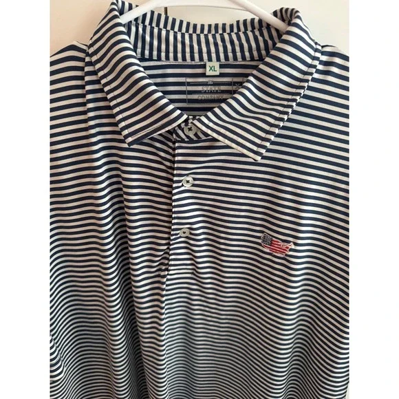 The State Company Mens XL Polo‎ Shirt Navy White Striped USA Flag Map Golf Top