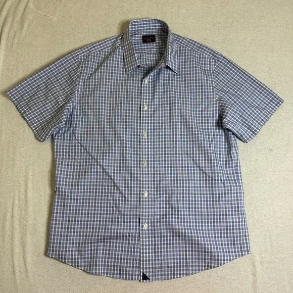 UNTUCKit Button Down Shirt Mens Large Blue Gingham Wrinkle Free Short Sleeve
