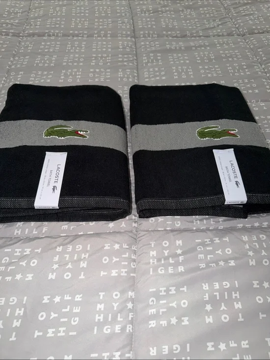 Lacoste Black & Gray Towels with Green Croc Embroidery - Pair
