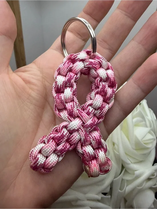 Pink & White Braided Paracord Ribbon Keychain