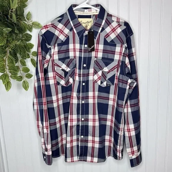 Coastal Men Sz L Button Up Shirt Large Red Navy Plaid Flannel Long Sleeve Collar