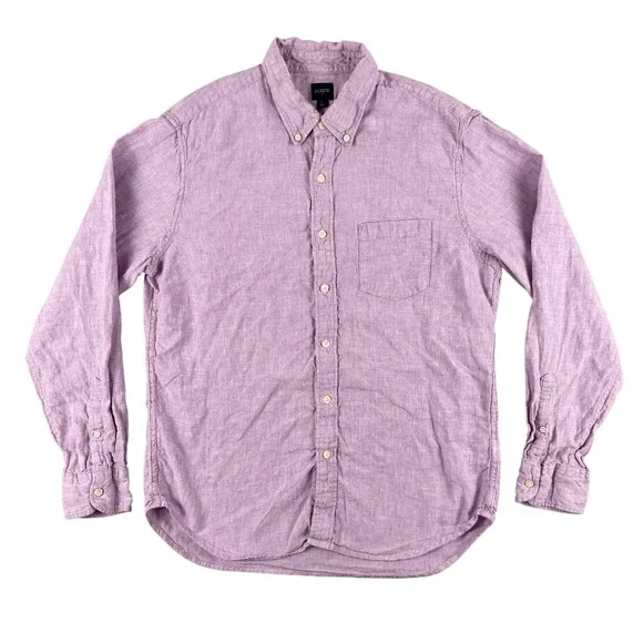 J Crew Shirt Mens L Purple Linen Blend Long Sleeve Button‎ Down Casual Pocket