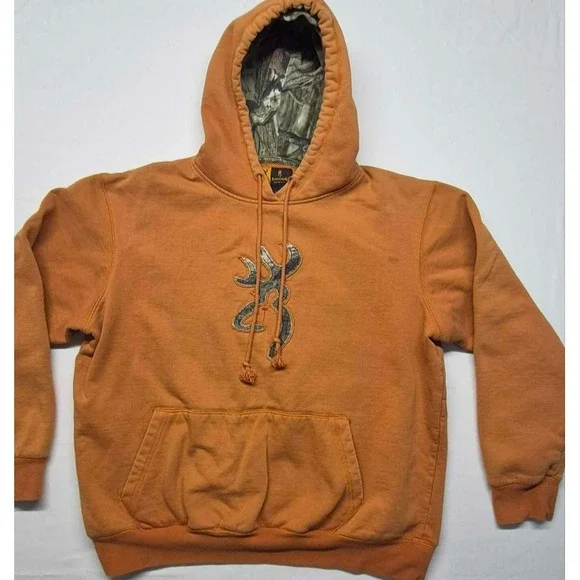 Browning Outdoor men's orange hoodie camo lined hood deer logo sz. L drawstring‎