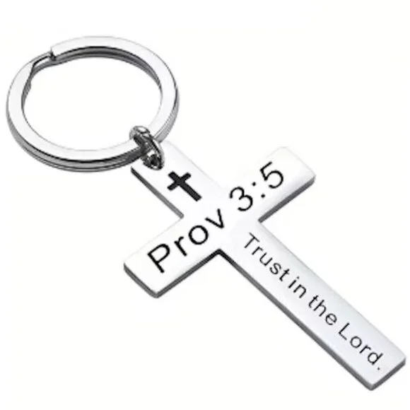 Prov 3:5  Silver Cross Keychain Trust in the Lord Jesus - NEW