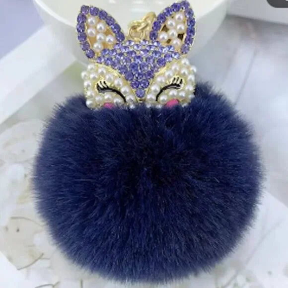 Navy Blue Fox Head Jeweled Pom Pom Keychain NEW