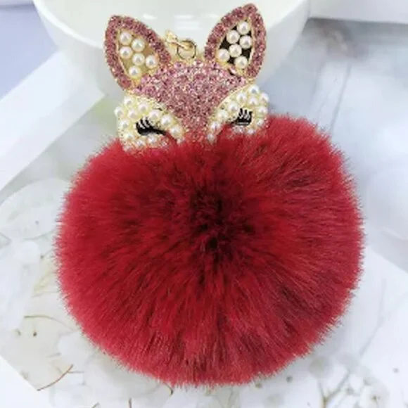 Burgundy Fox Head Jeweled Pom Pom Keychain NEW